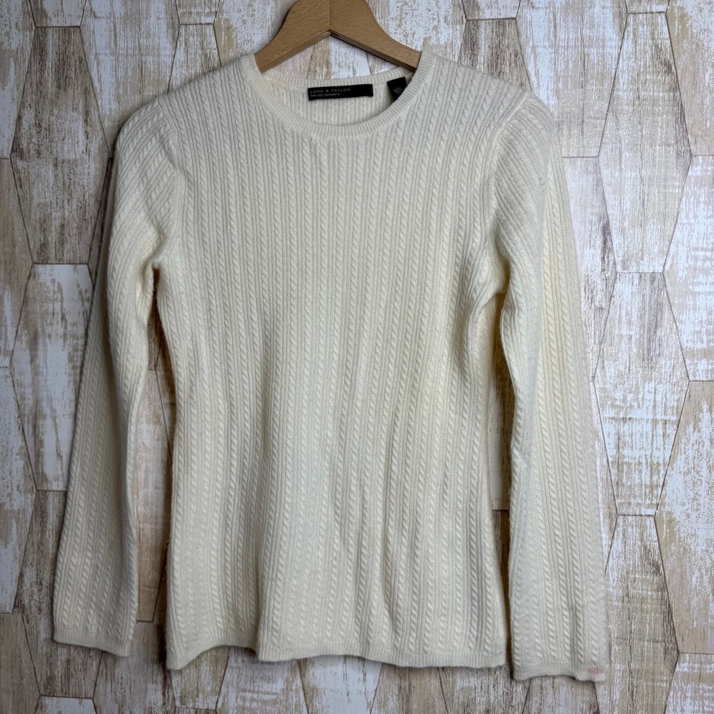 Lord & Taylor Two Ply Cashmere Cable‎ Knit Sweater Cream XS Womens